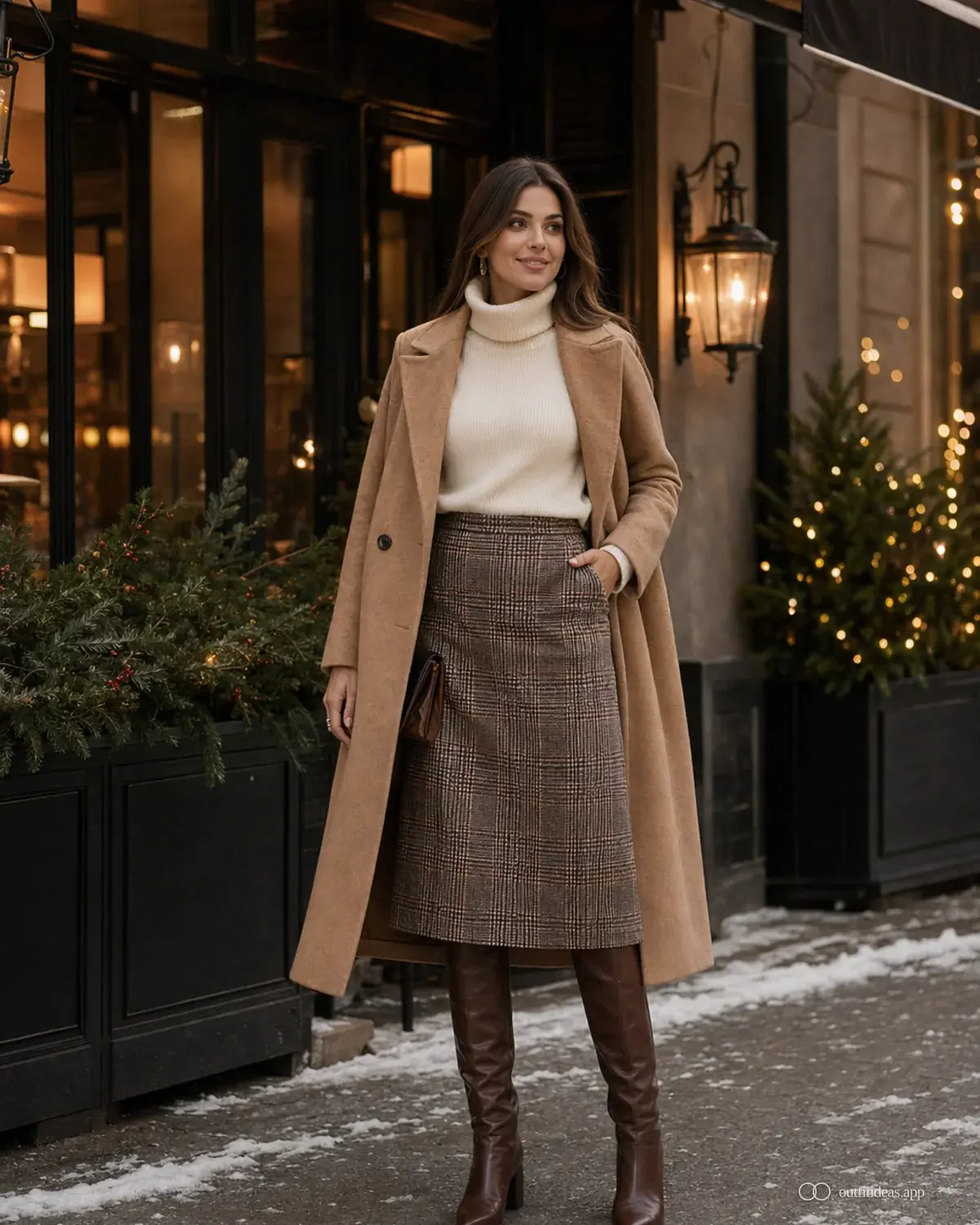 christmas outfit ideas soft contrast look with full outfit styling, practical footwear, and scene-ready accessories