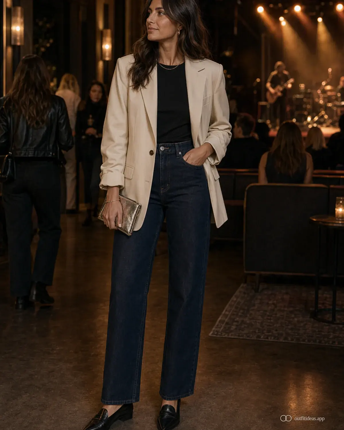 concert outfit ideas soft contrast look with full outfit styling, practical footwear, and scene-ready accessories