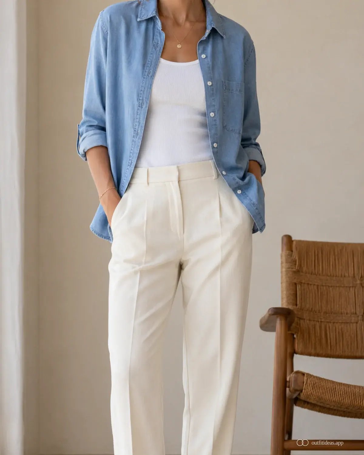 denim outfit ideas soft contrast look with a complete outfit, practical shoes, and scene-ready accessories