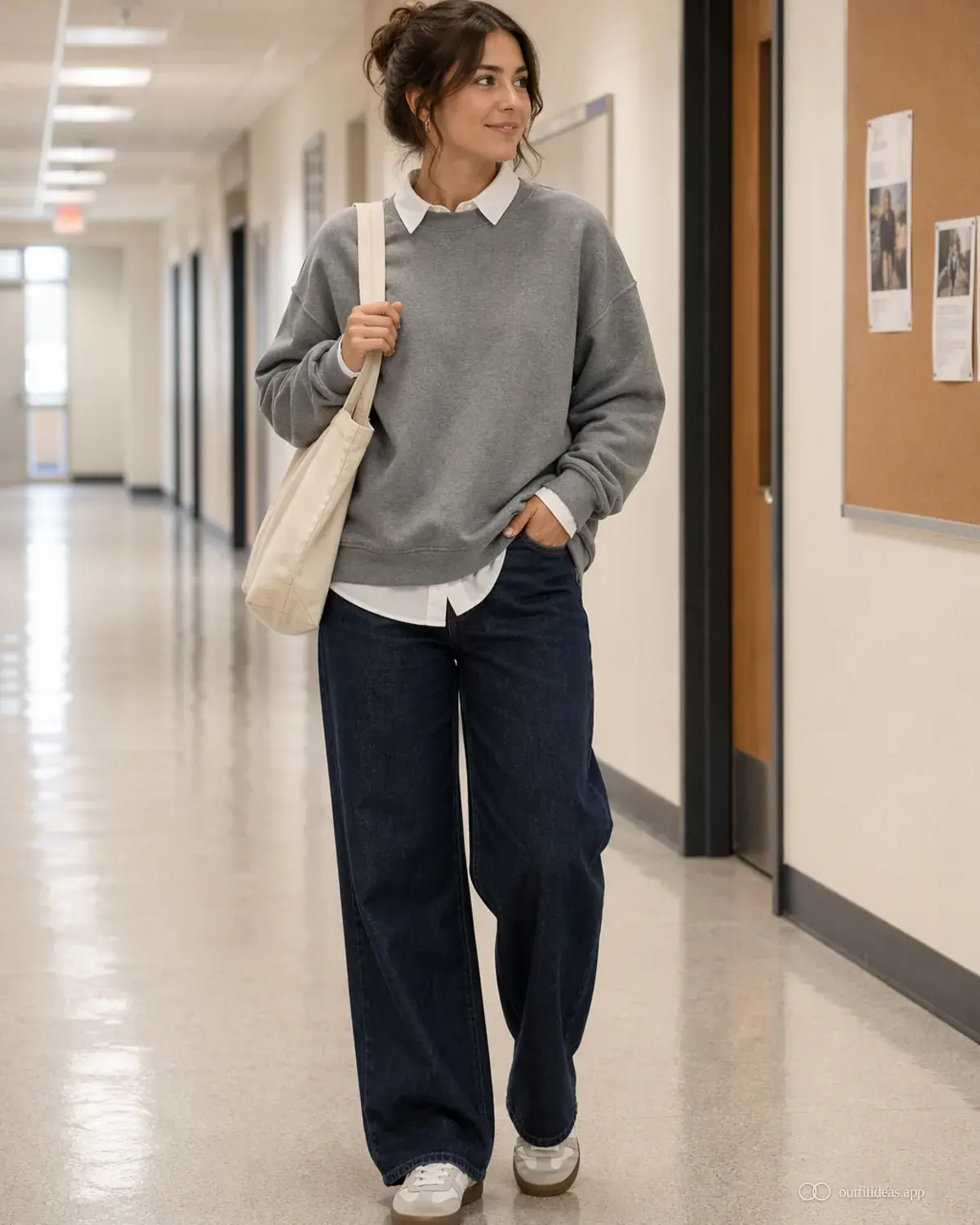 school outfit ideas layered variation with full outfit styling, practical footwear, and scene-ready accessories