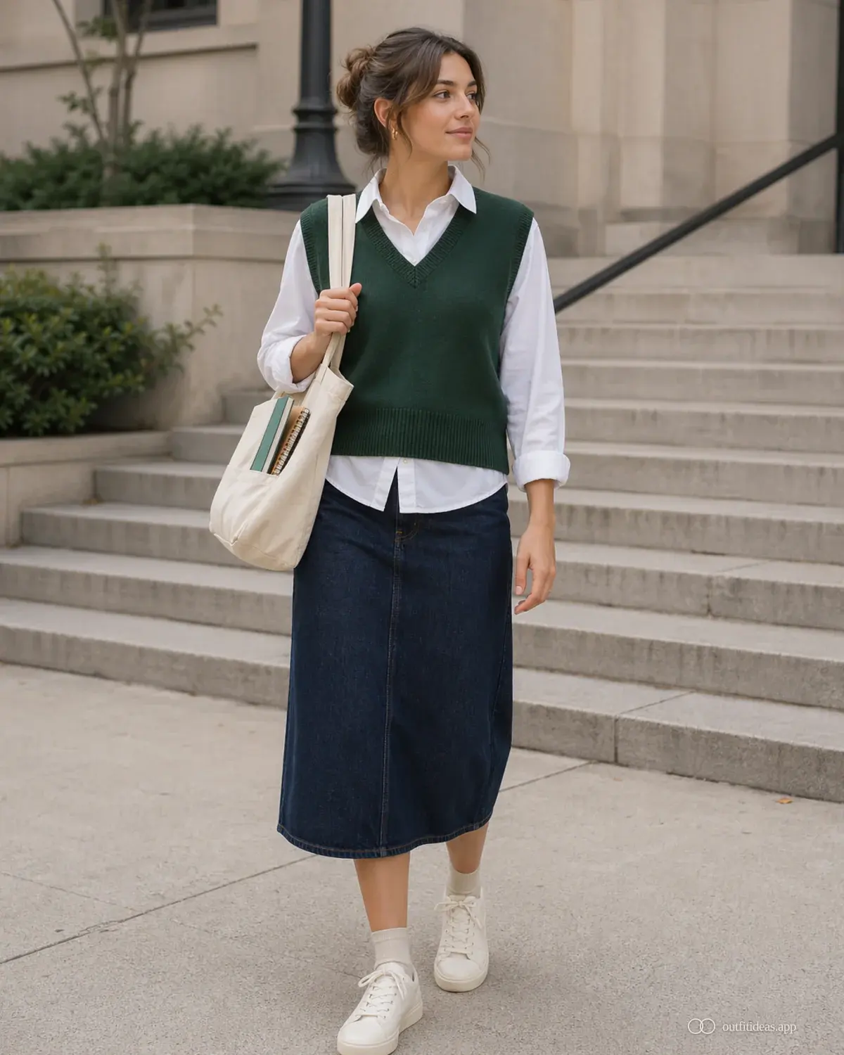 school outfit ideas soft contrast look with full outfit styling, practical footwear, and scene-ready accessories