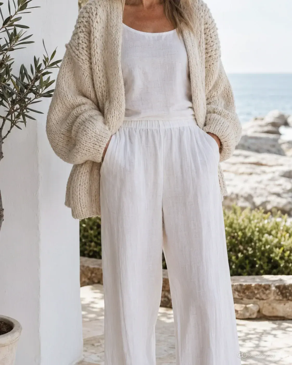 Coastal grandmother outfit with white linen wide pant, chunky cream cardigan and woven flat sandal