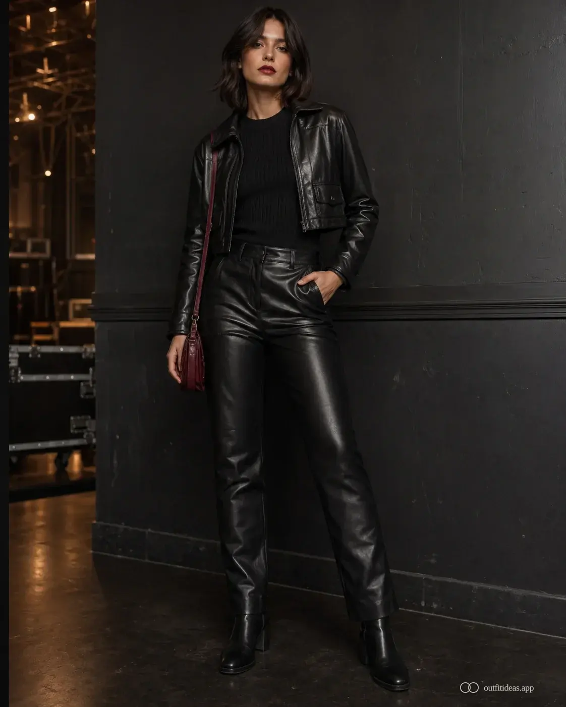Concert outfit with black leather trousers, cropped moto jacket, fitted top and stable block-heel boots
