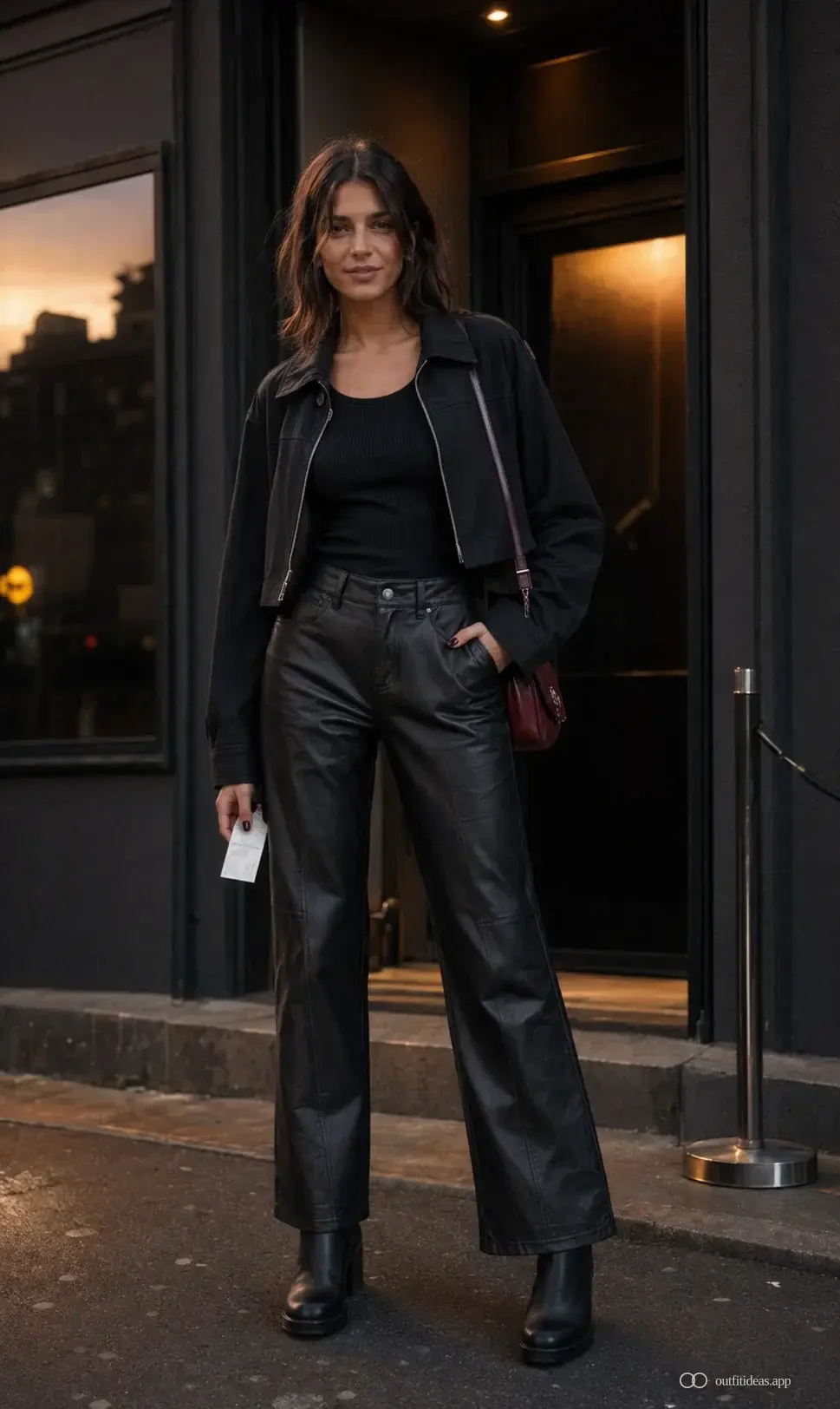 Concert outfit standing outside the venue with cropped jacket open and ticket in hand