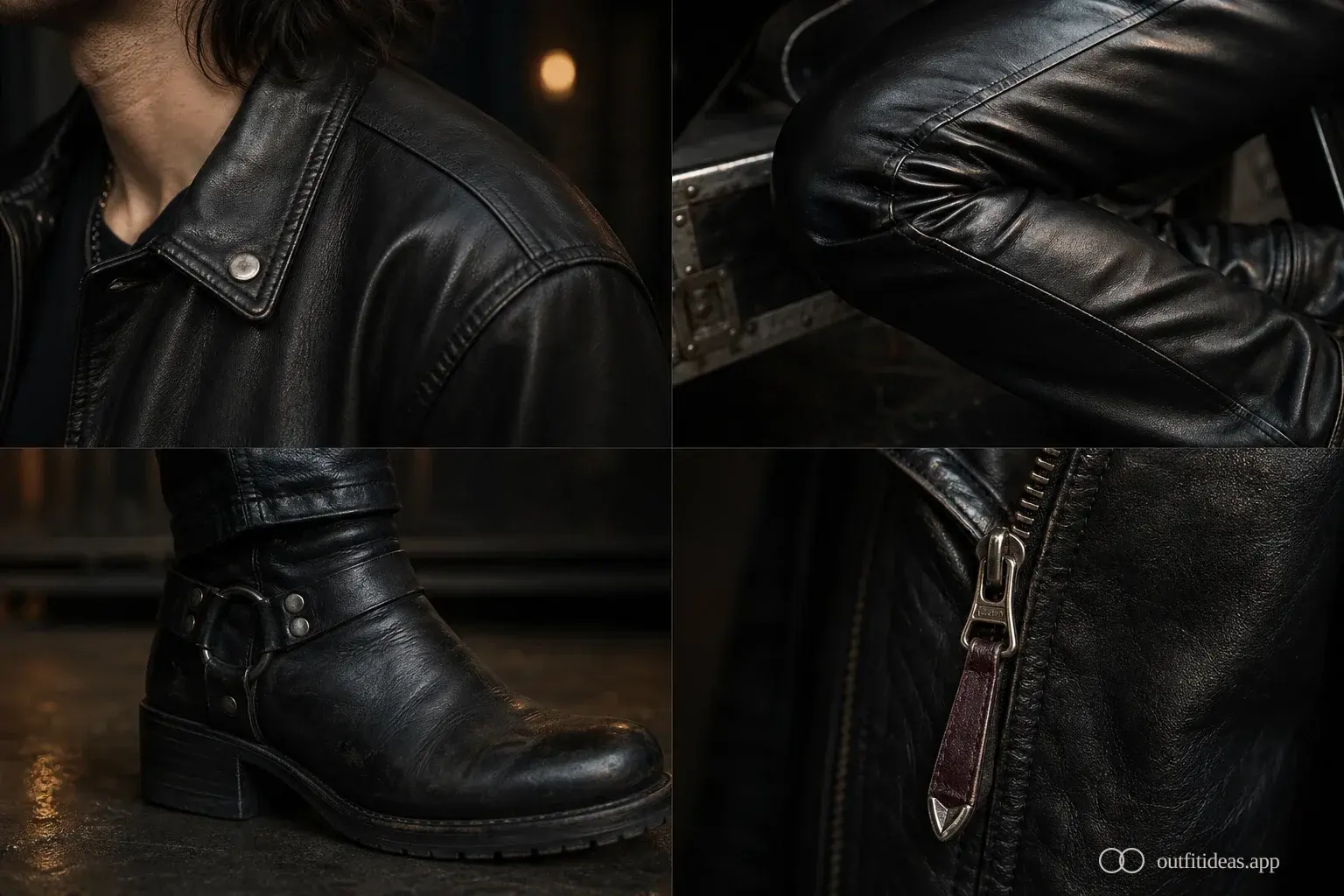 Four close-up details of a concert outfit: cropped jacket shoulder, trouser knee, block boot heel and jacket zip hardware