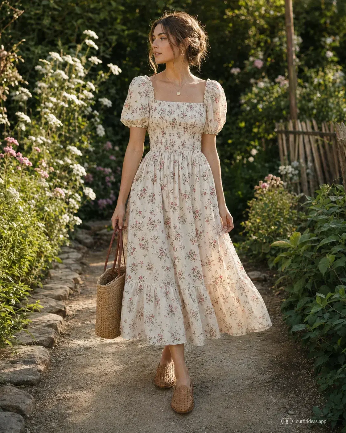 Cottagecore garden walk outfit with smocked floral midi, woven flat and straw bag