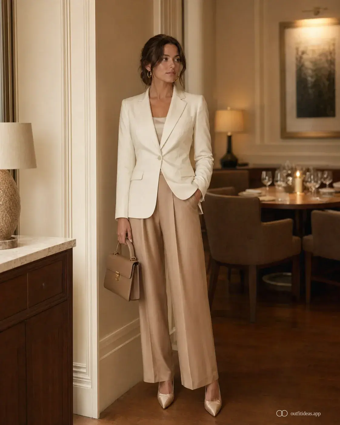 Old money business dinner outfit with ivory blazer, camel silk trouser and satin pump