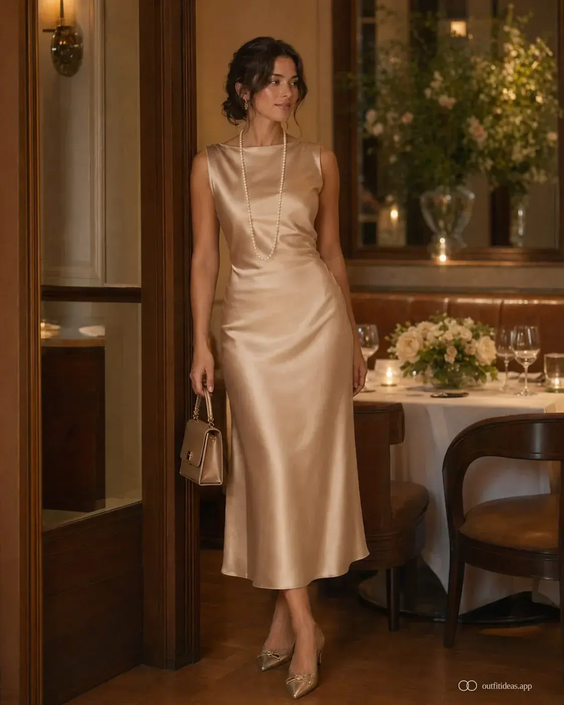 Cream satin dinner dress in warm restaurant light