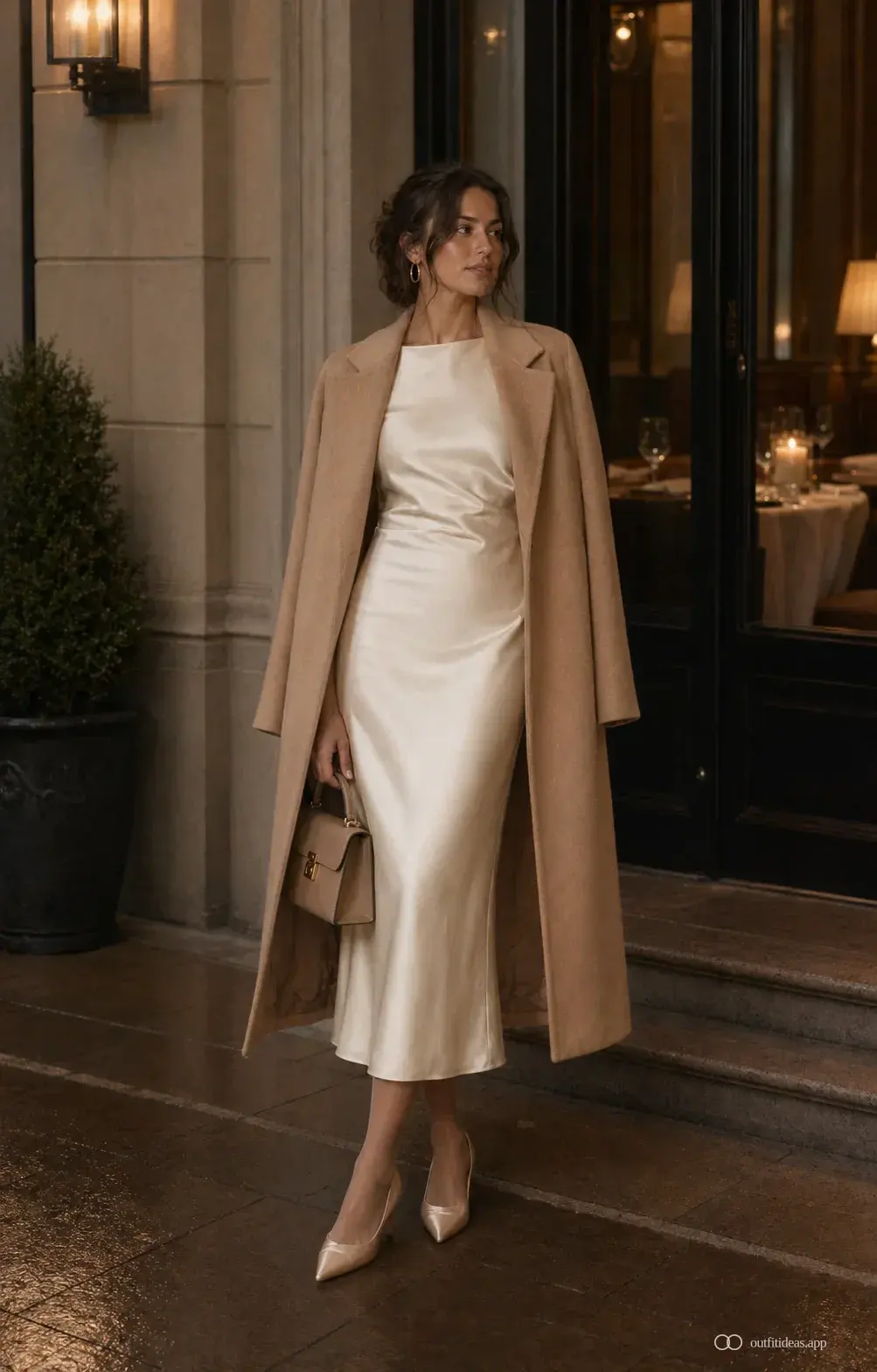 Winter old money dinner outfit with cream satin midi, camel cashmere coat draped on shoulders, tights and satin pump