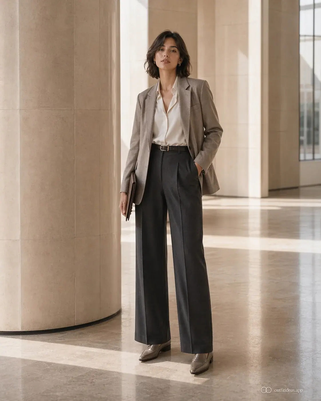 Pear shape office outfit with a taupe blazer, cream knit top, straight wide-leg trousers and loafers