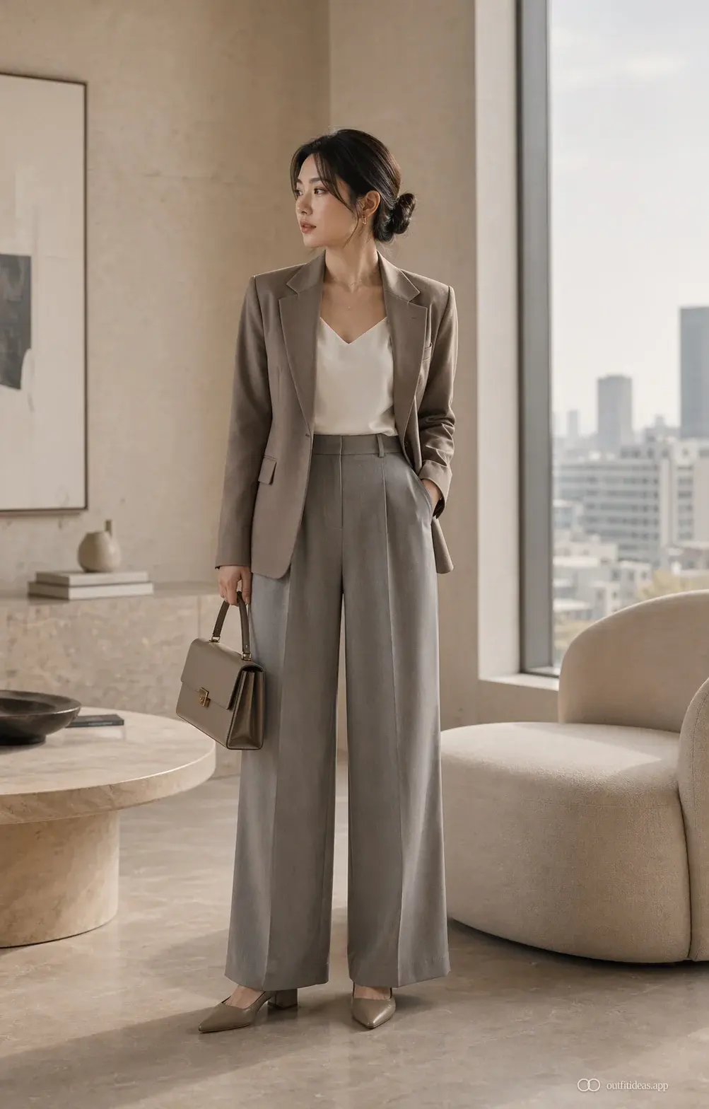 Petite office outfit with taupe blazer, grey wide-leg trousers and a structured top-handle bag