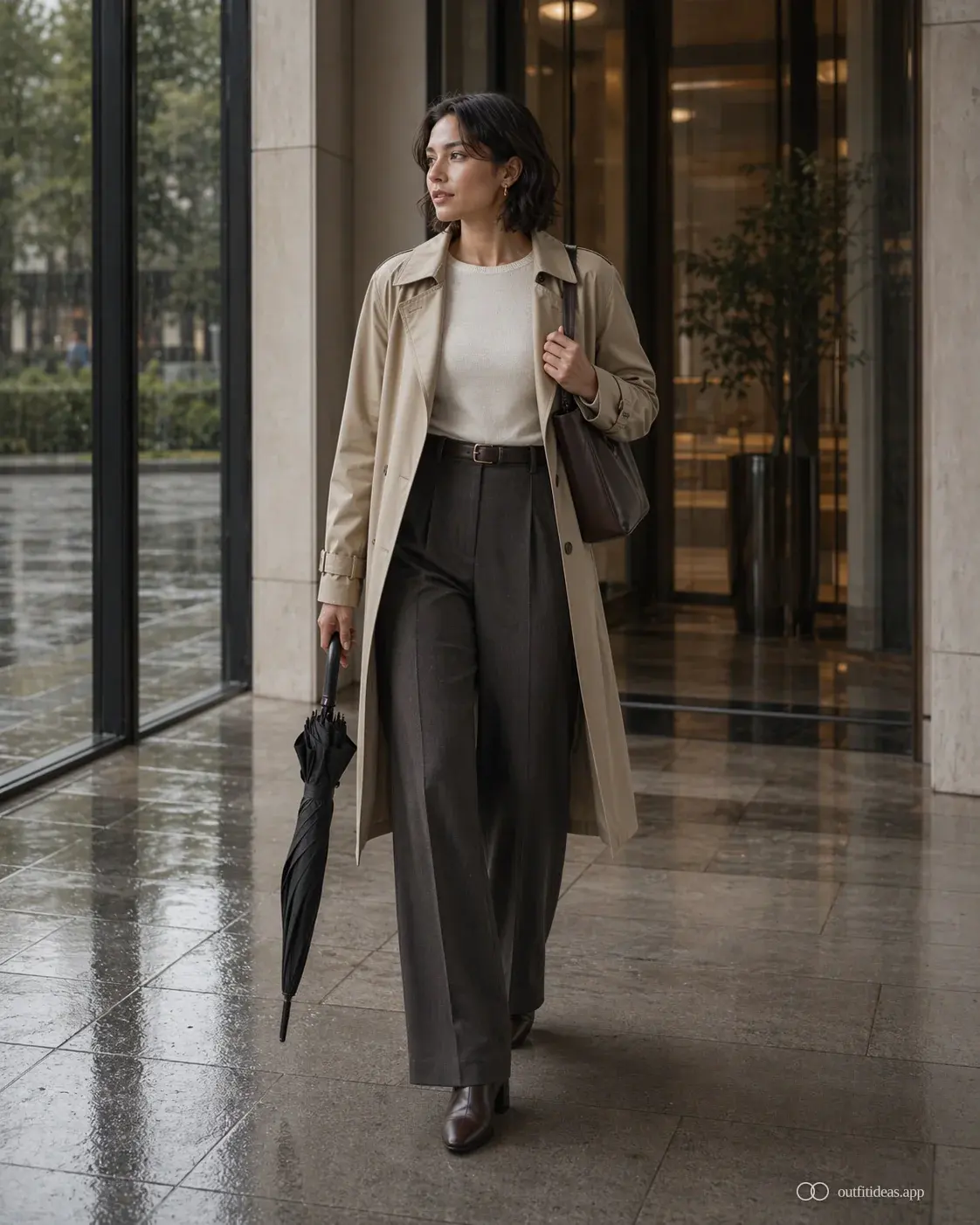 Rainy commute office outfit with beige trench, charcoal wide-leg trousers and a closed umbrella
