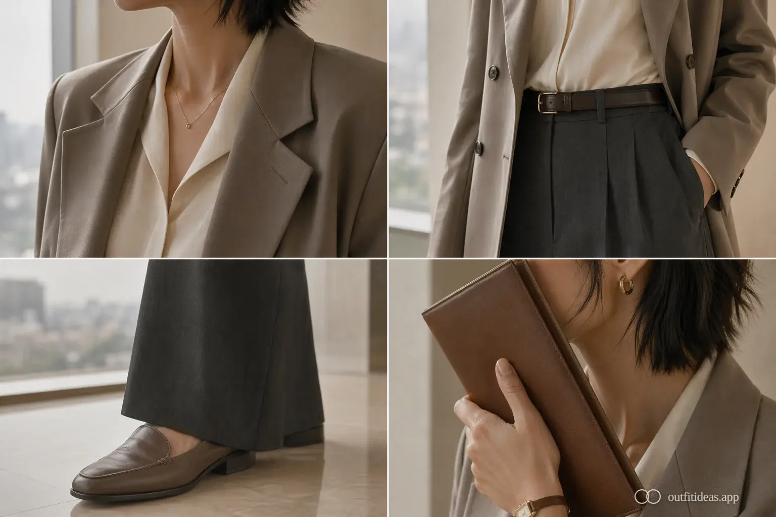 Four close-up outfit details showing blazer shoulder, waist pleat, trouser hem with loafer, and leather clutch with gold jewelry