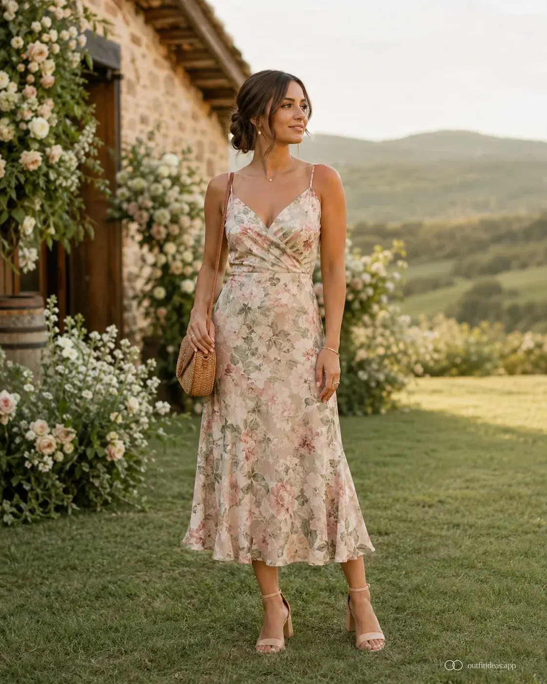 Petite country wedding guest in floral midi with ankle-strap block heel and woven crossbody