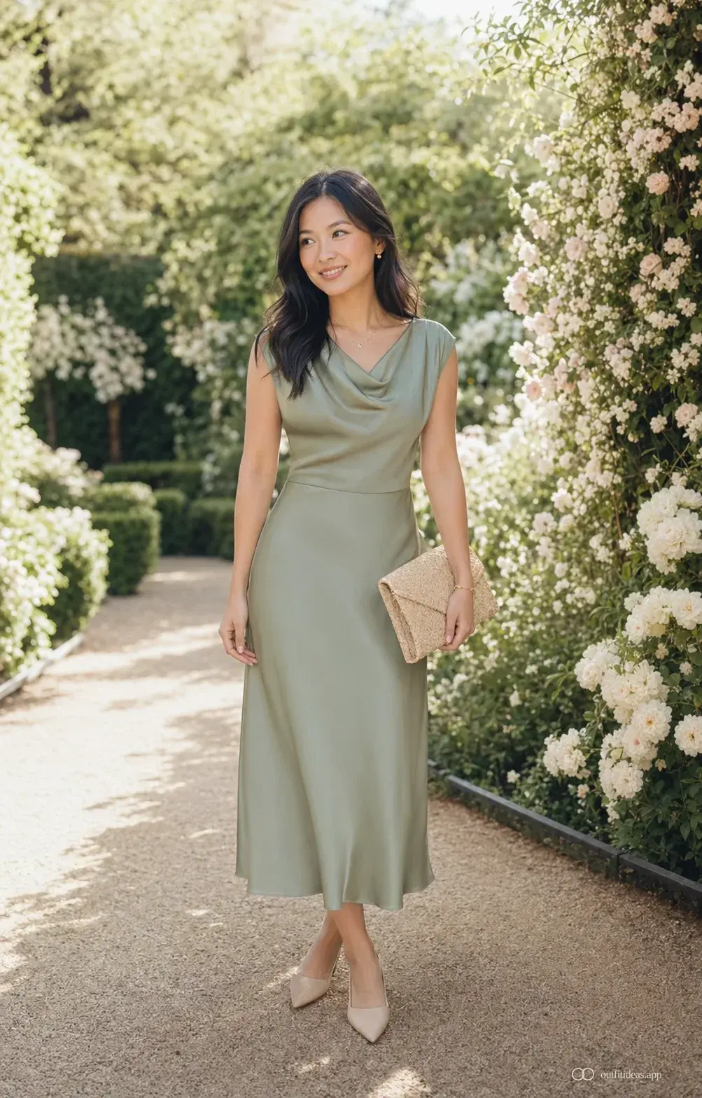 Petite wedding guest in soft sage midi with raffia clutch and pointed flat for a daytime garden wedding