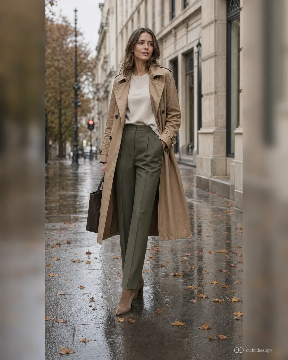 Autumn rain work outfit with trench over fine knit, olive trouser and suede ankle boot