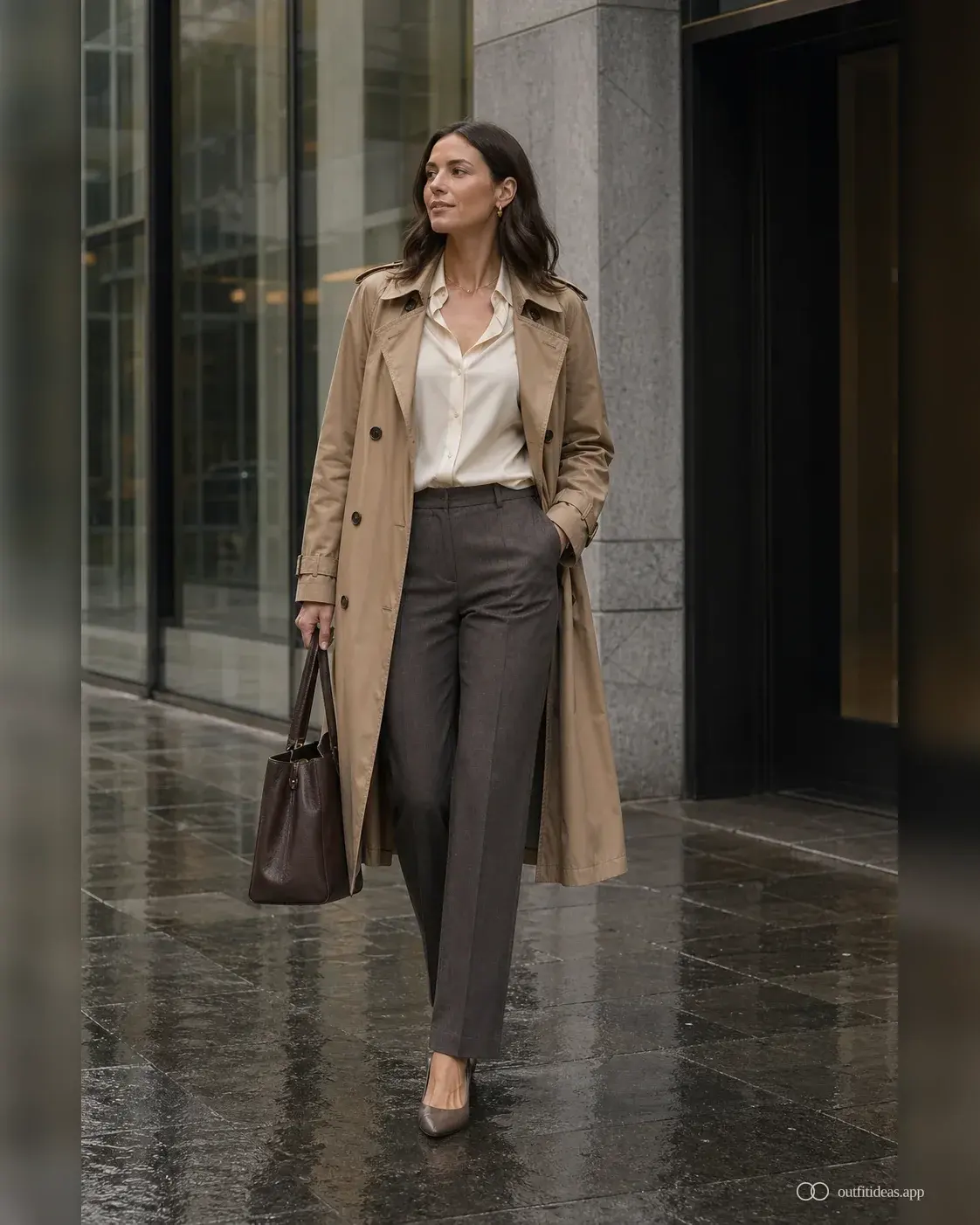 Business casual rainy work outfit with trench, silk blouse, straight wool trouser and low pump