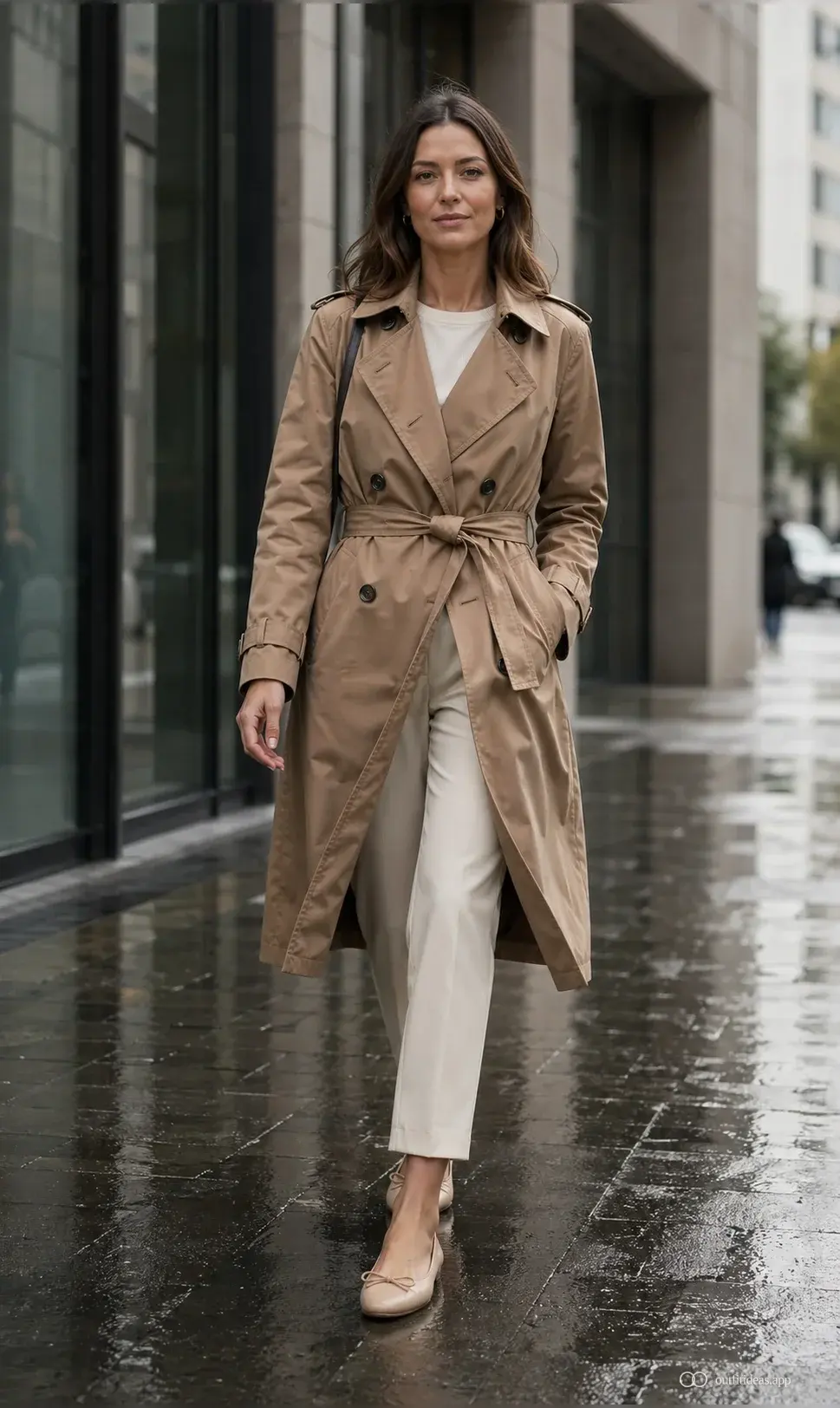 Rainy commute work outfit walking forward in a tied camel trench with cropped cream trouser