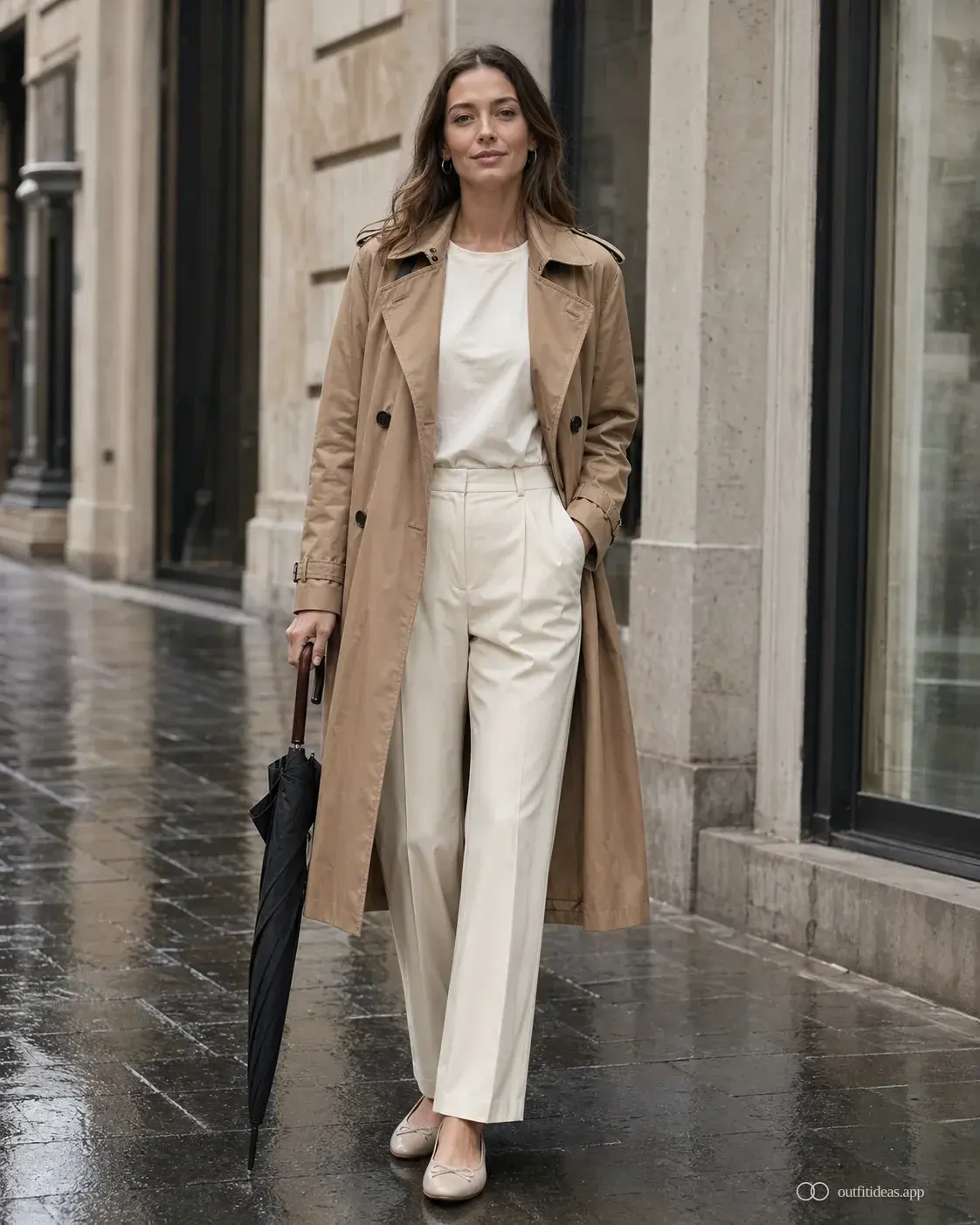 Camel trench coat with cream trousers and practical flats in soft daylight