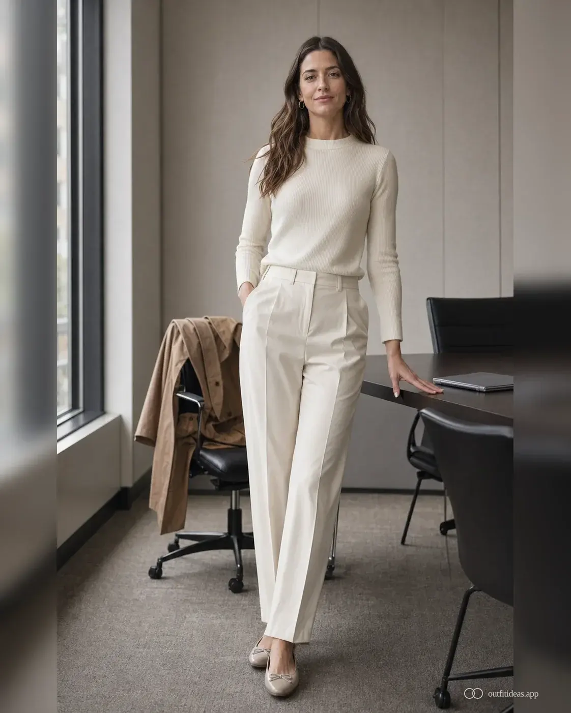 Indoor work outfit with cream knit and trouser standing in a conference room while a camel trench drapes over the chair