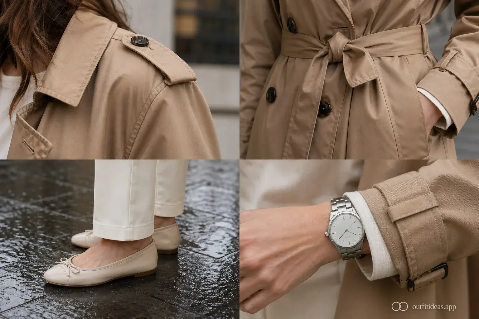 Four close-up details of a rainy work capsule: trench shoulder, belt knot, trouser hem with flat, and watch on cuff