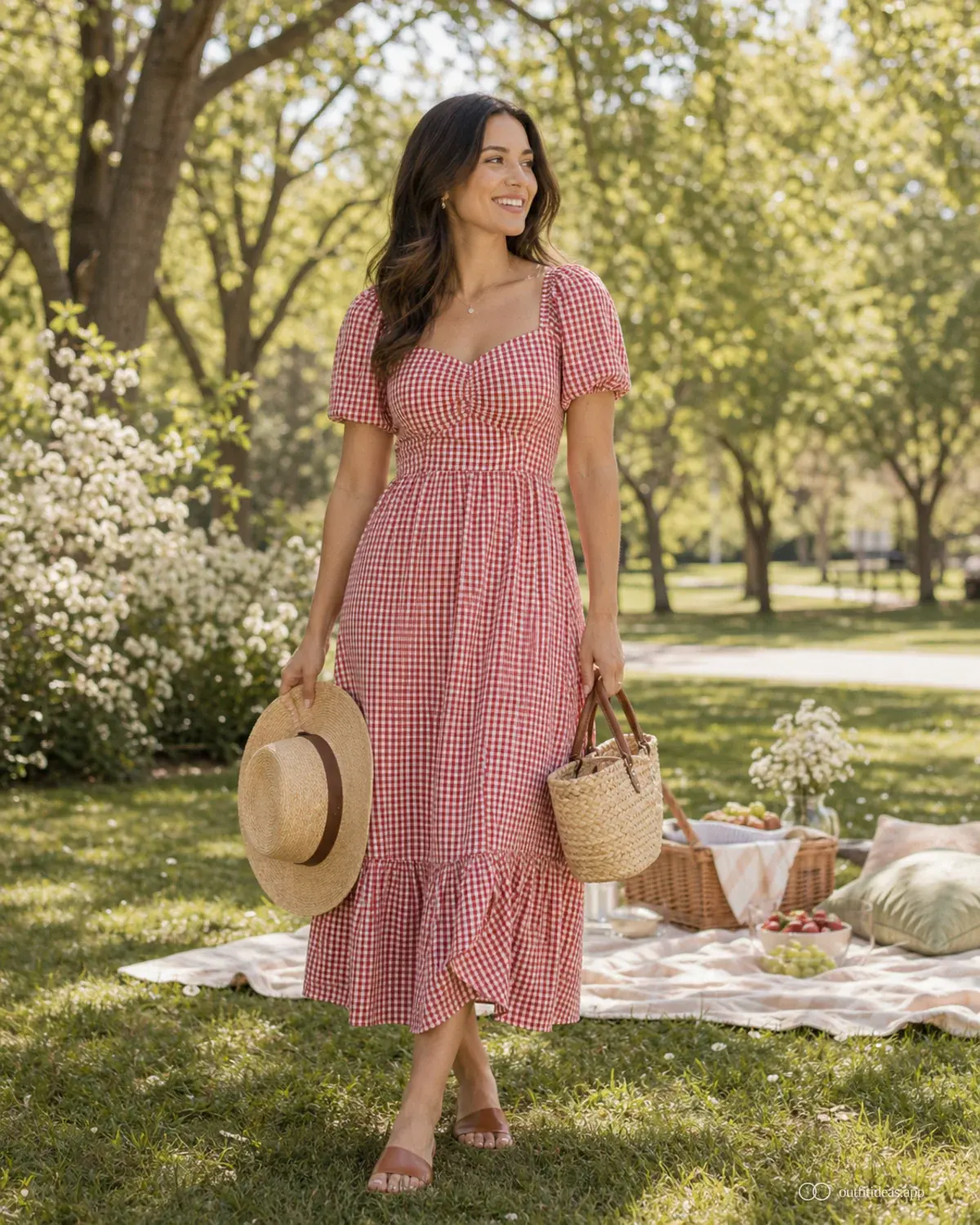 picnic outfit ideas hero image with a complete outfit, practical shoes, and scene-ready accessories